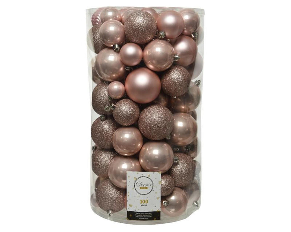 Decoris ubrydelige julekugler mix lavet af plastik, tube med 100 stykker, pudderrosa