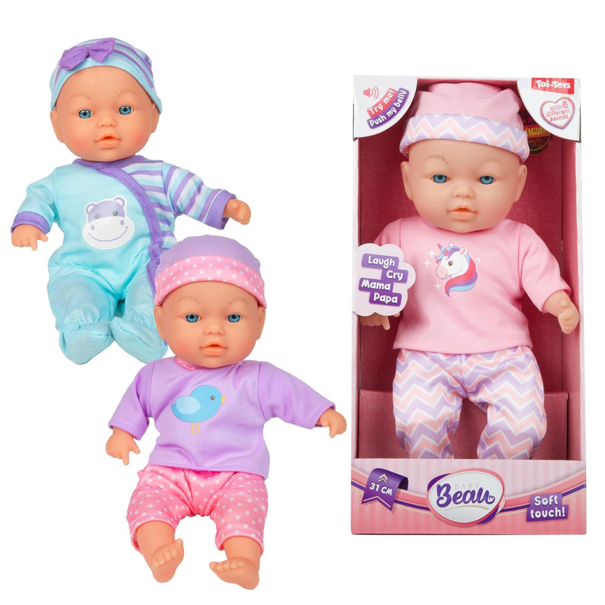 Toi-legetøj beau blød babydukke 31cm med lyd 3 assorteret