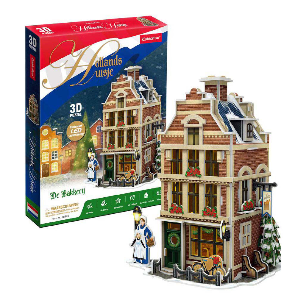 Kubisk sjovt 3D puslespil Hollandsk bageri med LED-belysning - 65 stk.