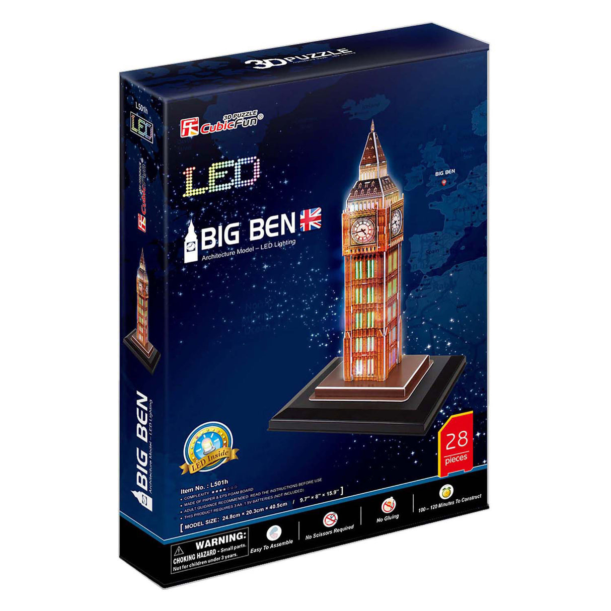 Kubisk sjovt 3D-puslespil Big Ben med LED-belysning