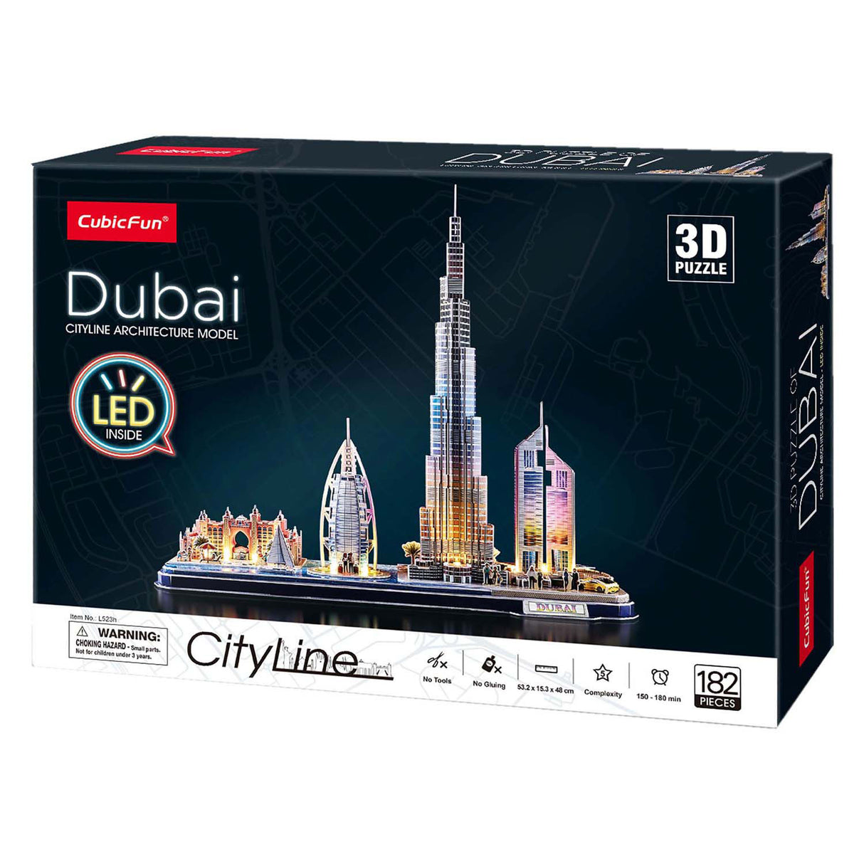 Kubisk sjovt 3D-puslespil City Line Dubai med LED-belysning