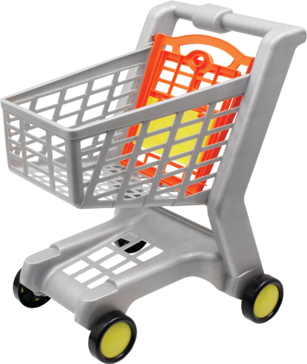 Klein legetøjs indkøbskurv - 42x35x47 cm - klapstol til dukker op til 50 cm - inkl. jævnt kørende hjul - grå orange gul