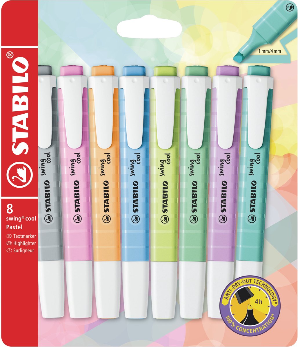 Stabilo swing cool - highlighter - perfekt til på farten - pastel - etui med 8 farver
