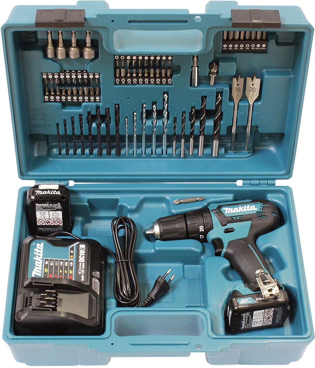 Makita hp333dsax1 12v li-ion (slag) bore-/skruetrækker sæt - 2x batteri - tilbehørssæt