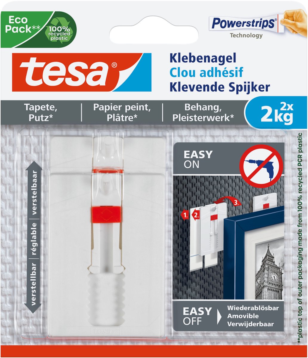 Tesa justerbar søm til tapetpuds 2 kg - 2 stk - vægsøm - aftagelig