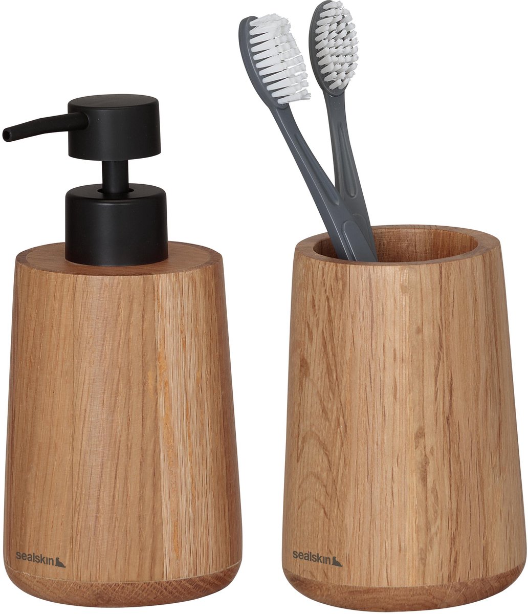 Sealskin earth badkamerset - zeepdispenser 150 ml - tandenborstelbeker - fsc - eiken - houtlook