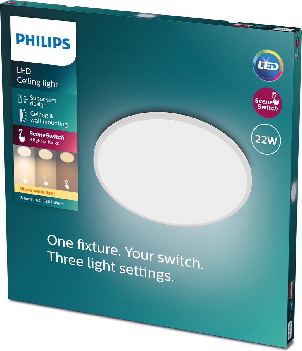 Philips led philips superslim plafondlamp - wit - groot - warmwit licht - 22 w