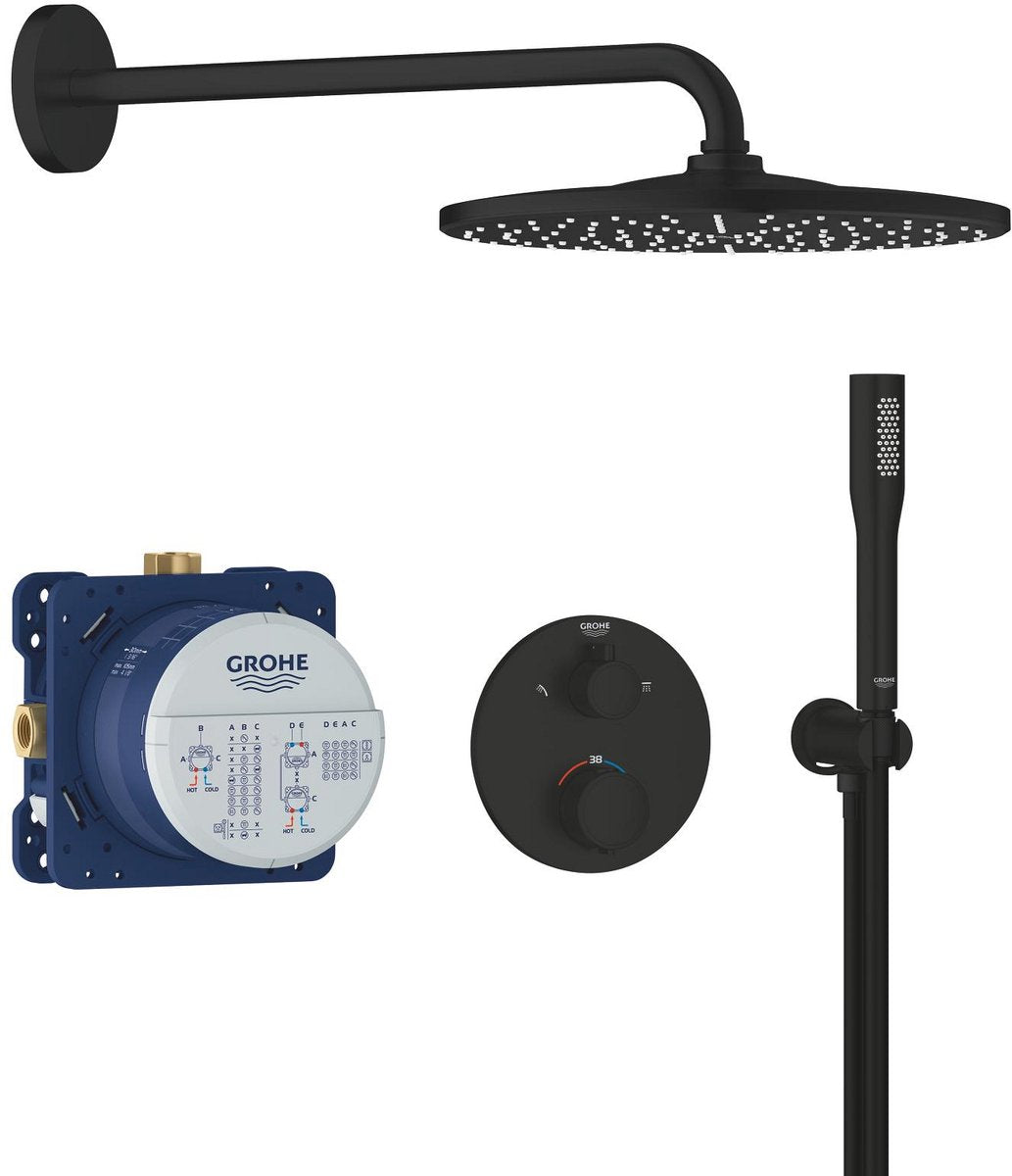 Grohe præcisionsindbygget bruser - med termostathane - vitalio rain mono 310 hovedbruser (1 spray type) vitalio get stick håndbruser (1 spray type) - rundt design - mat sort