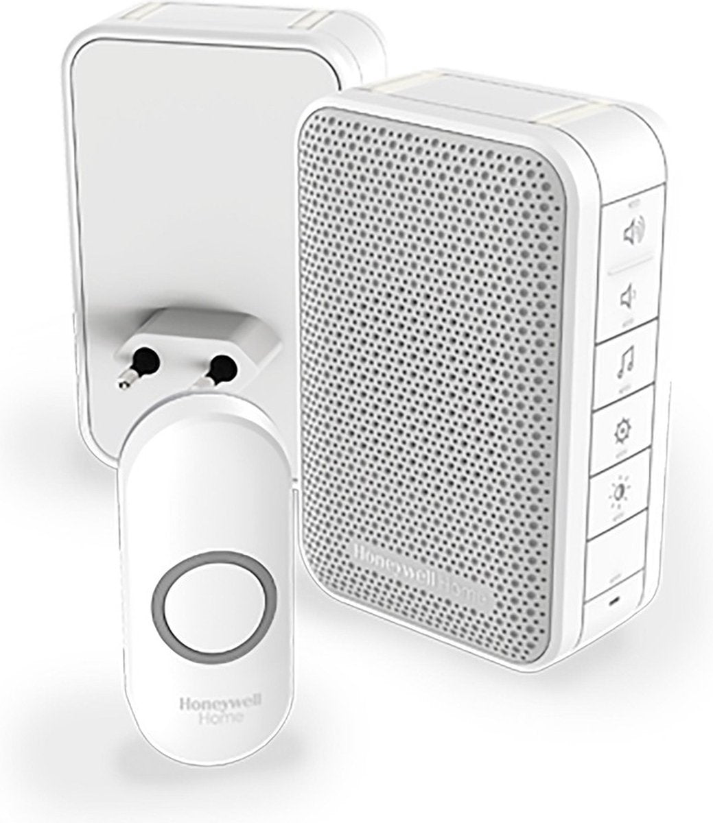 Honeywell trådløs bærbar og plug-in dørklokke - med volumenkontrol og trykknap - hvid