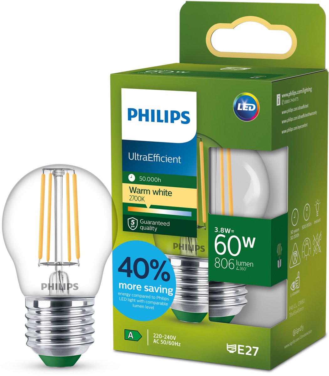 Philips led philips ultraefficient led lamp - 60w - e14 fitting - warmwit licht: 2700k - helder glas - p45 kogellamp - lange levensduur