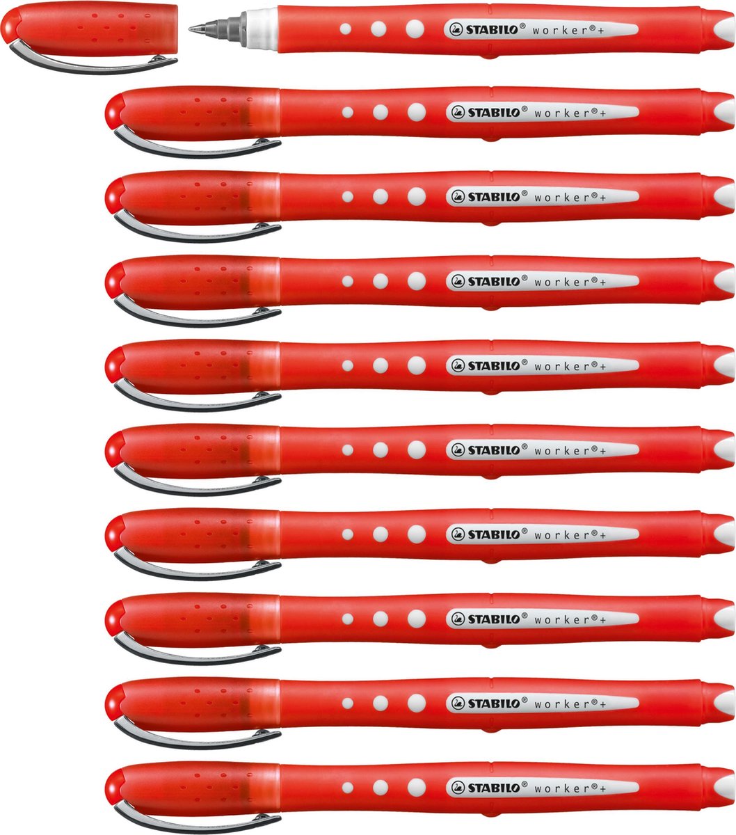 Stabilo worker+ farverig - rollerball 0,5 mm - rød - æske med 10 stk.