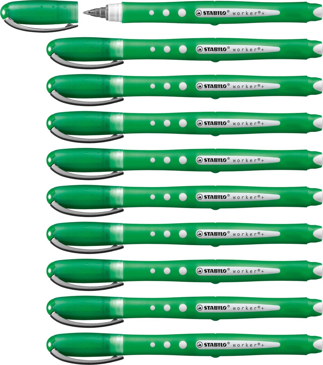 Stabilo worker+ farverig - rollerball 0,5 mm grøn - æske med 10 stk