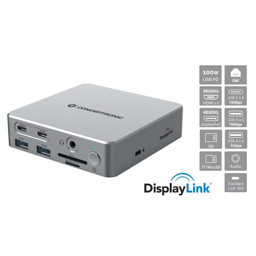 Conceptronic donn25g 15-i-1 display link usb 3.2 gen 2 dockingstation, type-c 10 gbps, usb-a x2