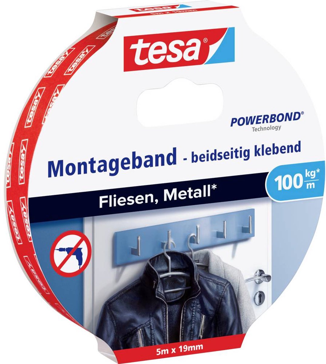 Tesa powerbond-serien - dobbeltsidet monteringstape - 5m x 19mm - til fliser og metal