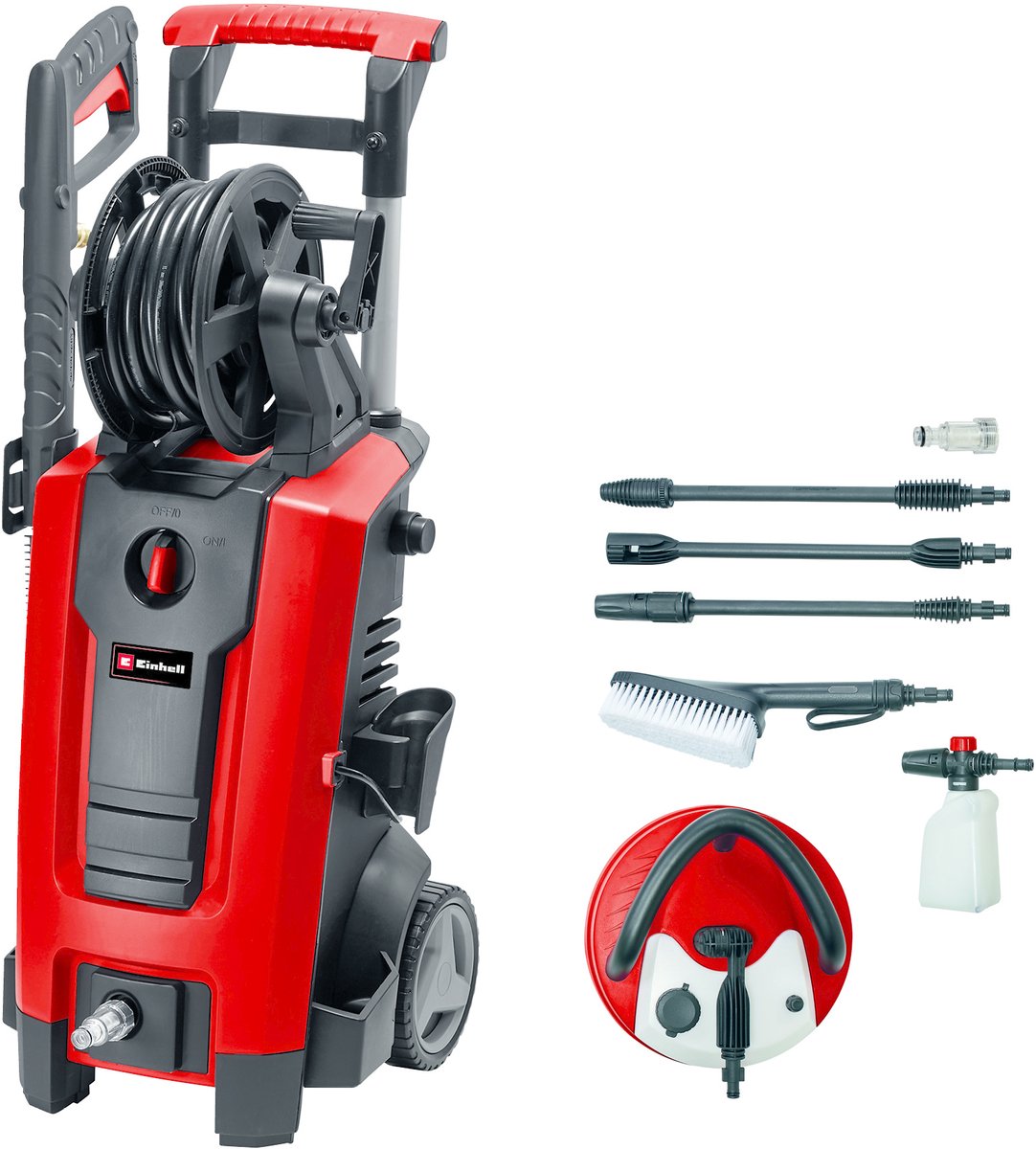Einhell elektrisk højtryksrenser tc-hp 170 - 2300 w - max. 170 bar - 420 l h - inkl. 10m højtryksslange, pistol, lanse, diverse dyser, børste, skumsprøjte og terrasserens med reservoir