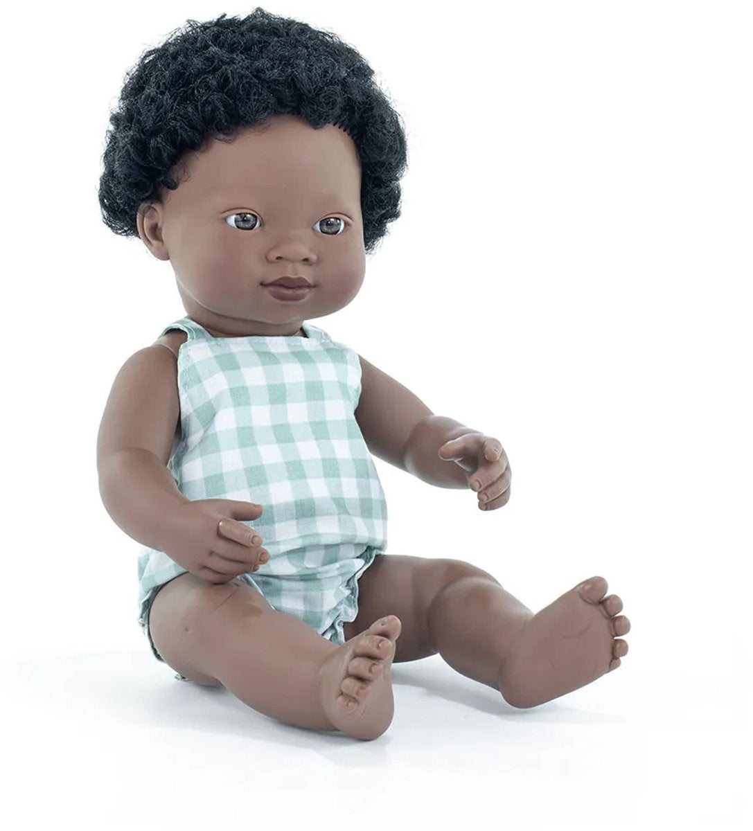 Miniland dukke - afrikansk dreng 38cm - inkl. venskabsarmbånd + klistermærker - 10 måneder