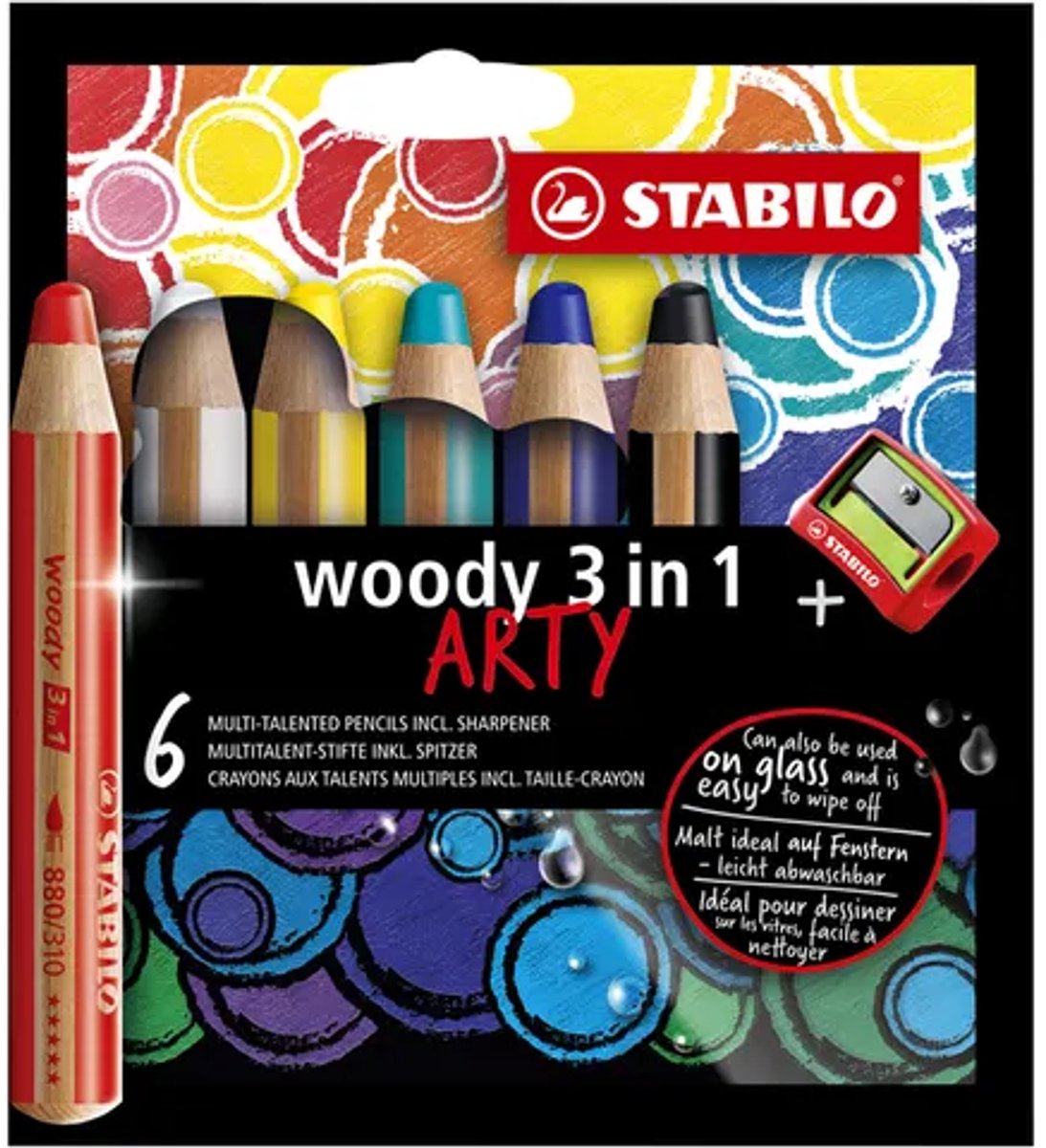 Stabilo woody 3 i 1 - multitalent farveblyant - arty - sæt med 6 stk. + blyantspidser