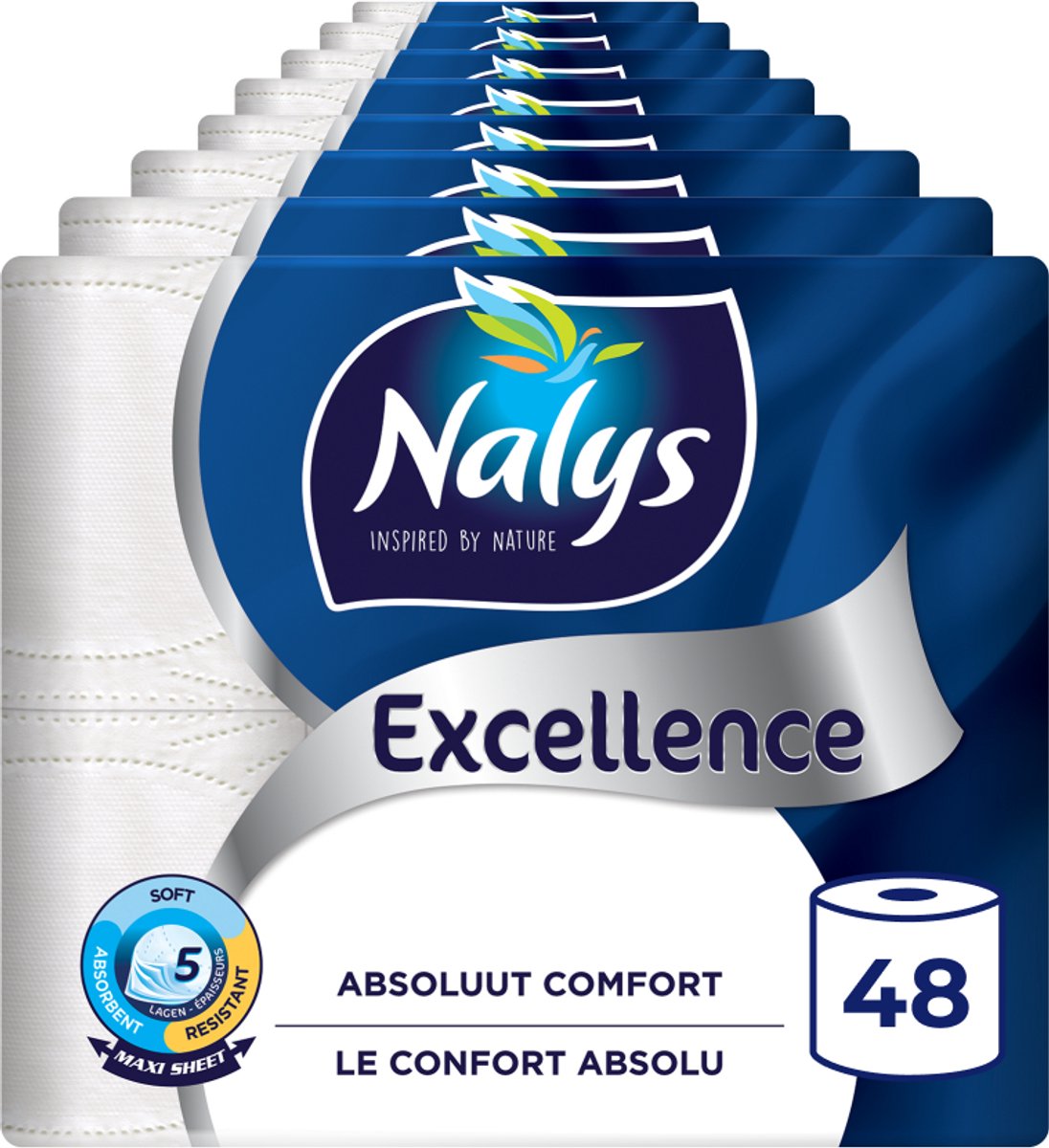 Nalys excellence toiletpapir - 48 ruller - hvide maxi-ark (5-lags) - værdipakke - papiremballage