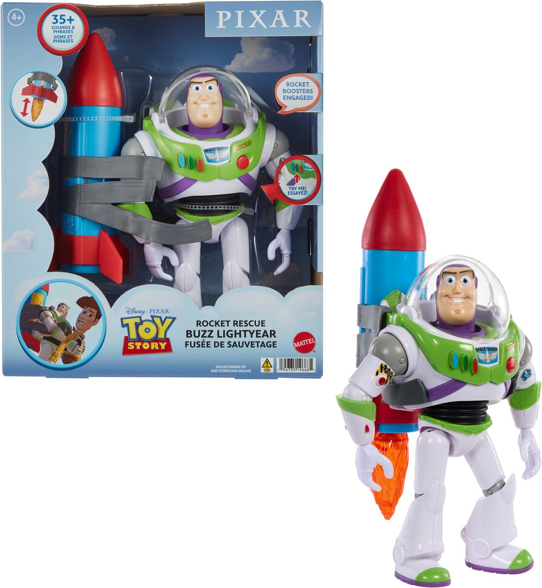 Mattel Pixar Buzz Lightyear legetøjsfigur med raket - stor actionfigur.