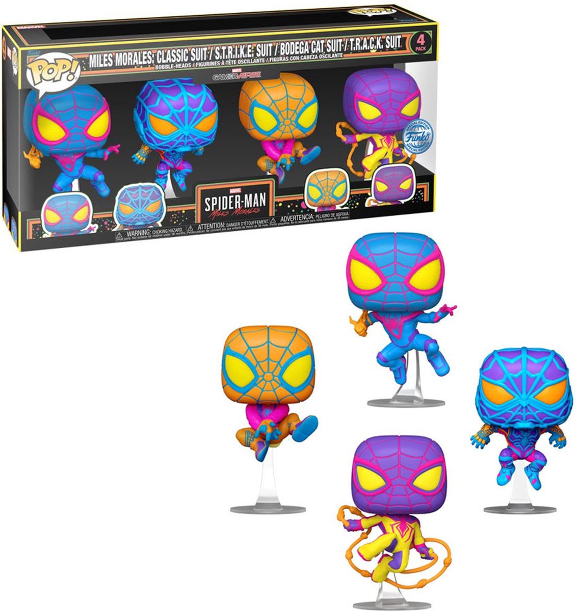 Funko pop! marvel miles morales - blacklight us eksklusive 4-pak
