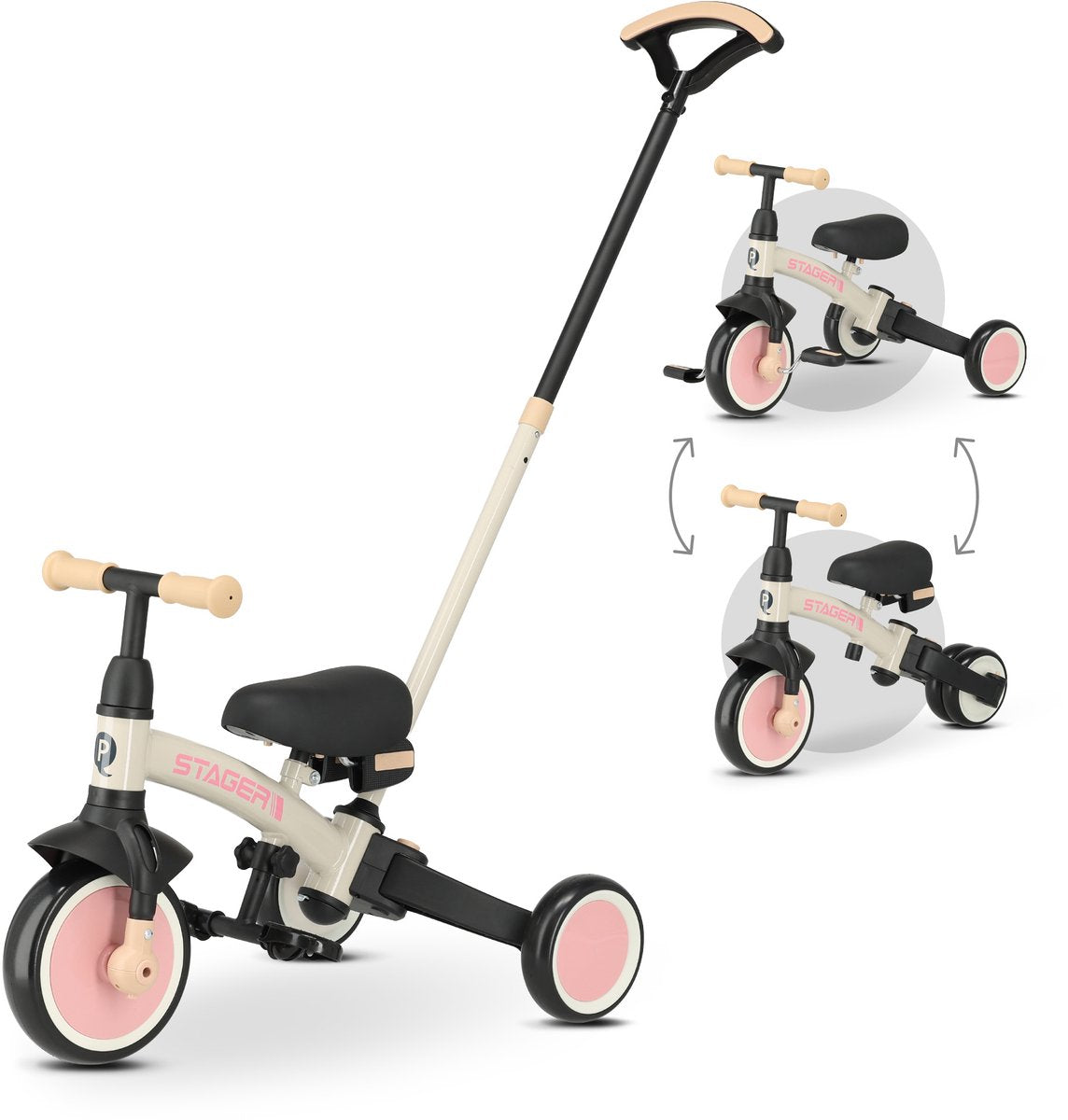 Qplay stager trehjulet cykel med skubbestang - småbørnscykel 3-i-1 foldbar - pink