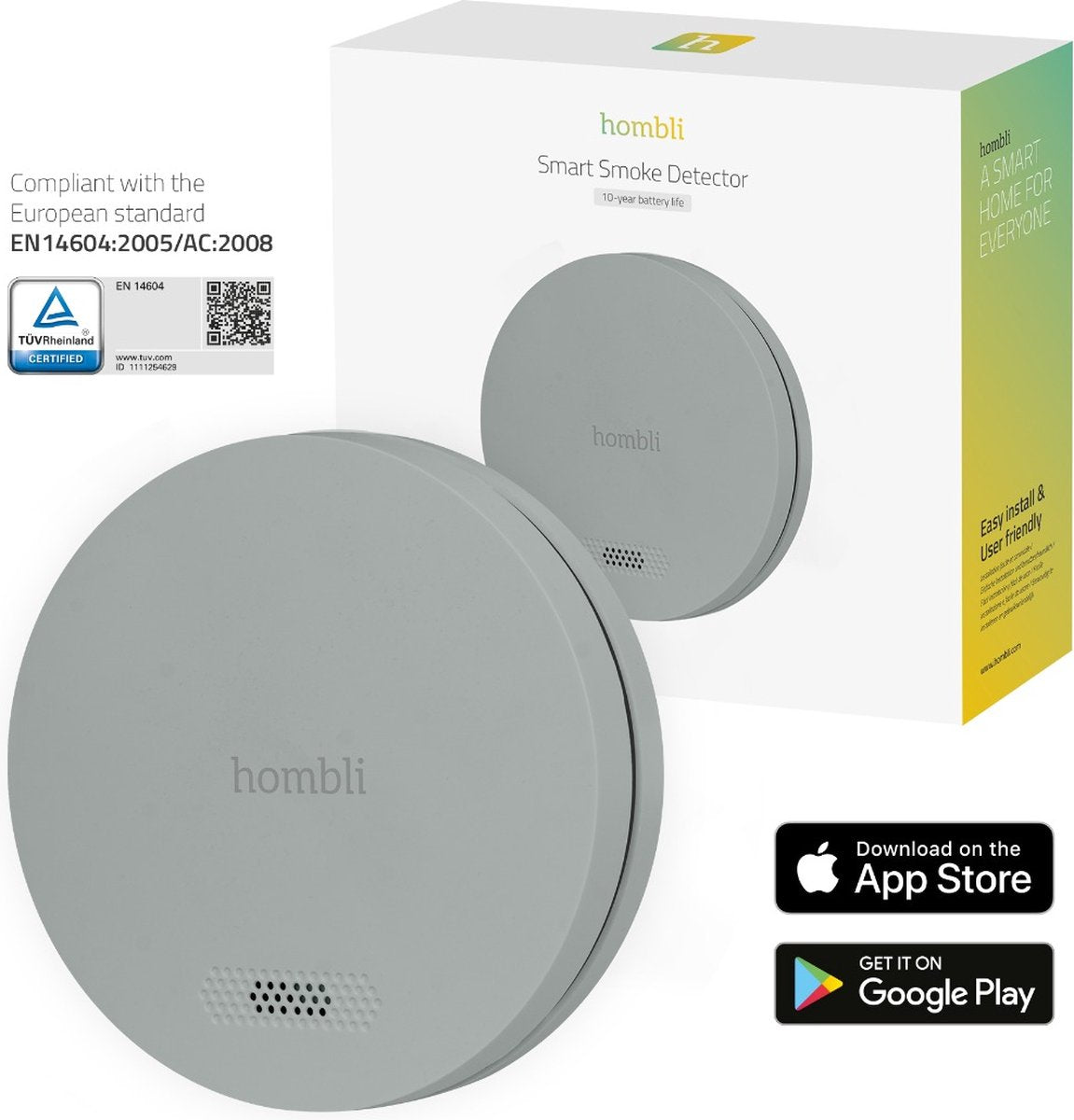 Hombli smart røgdetektor med magnet - branddetektor - 10 års batteri - 85db - app mobil notifikationer - nem installation - 1 stk - grå