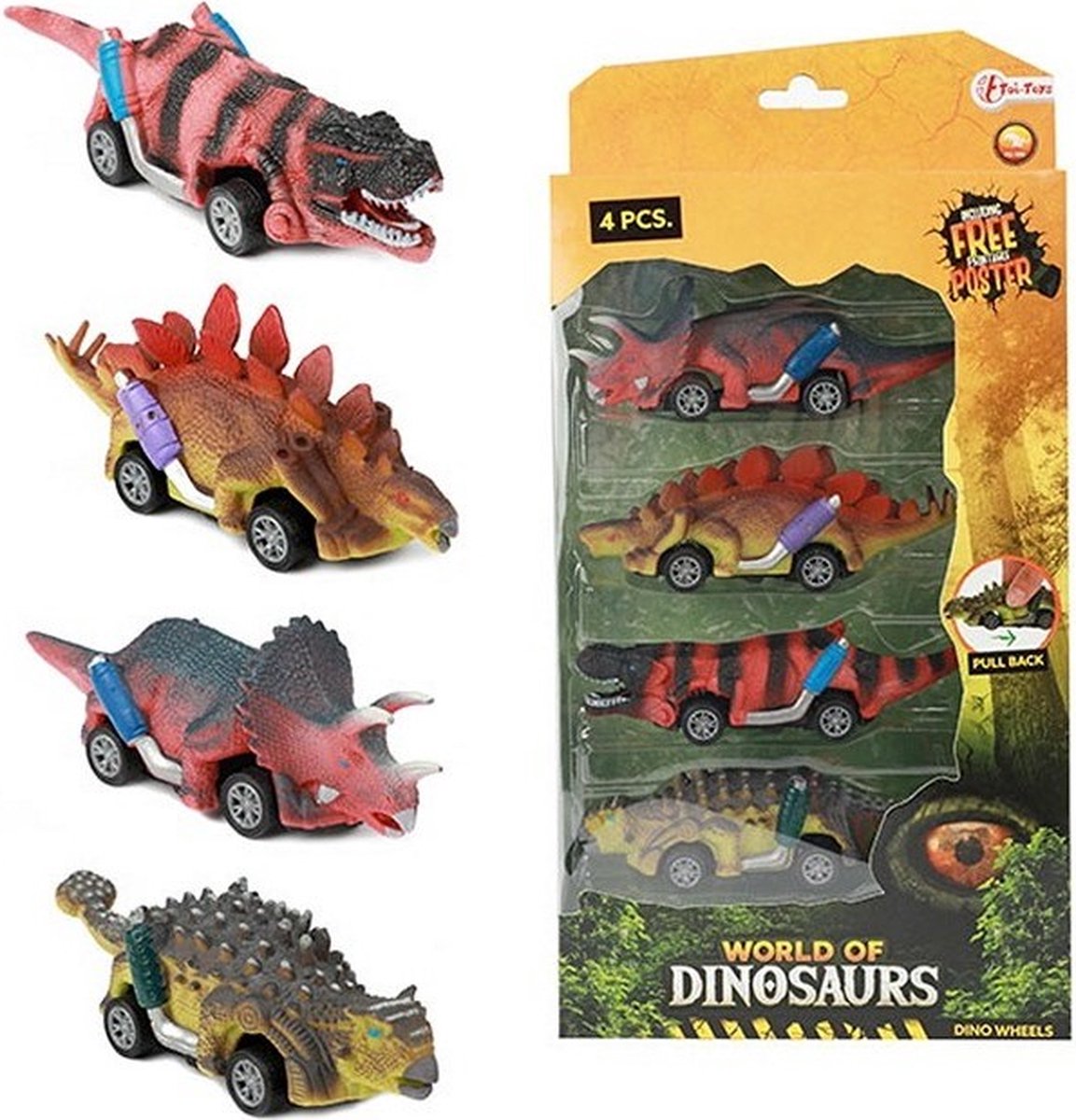 Toi-legetøj world of dinosaurs dino pullback bil, 4 stk.