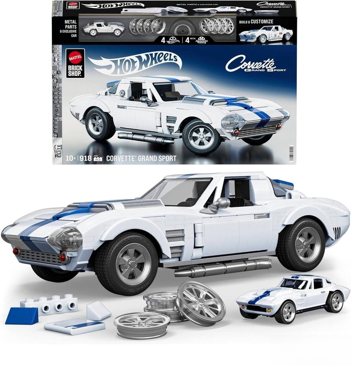 Mattel brick shop hot wheels elite serie - corvette grand sport - byggelegetøj - 918 dele