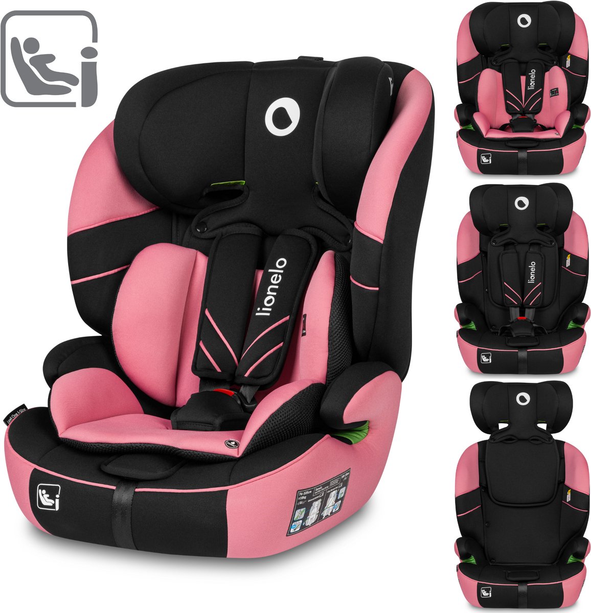 Lionelo levi one i-size - autostol 76-150 cm - gruppe 0+ og 1 - dri-sædesystem - justerbar memory foam nakkestøtte - forstærket sidebeskyttelse - FWF montering - komfortable armlæn - bredt sæde med EPE skum - R129 - bælte