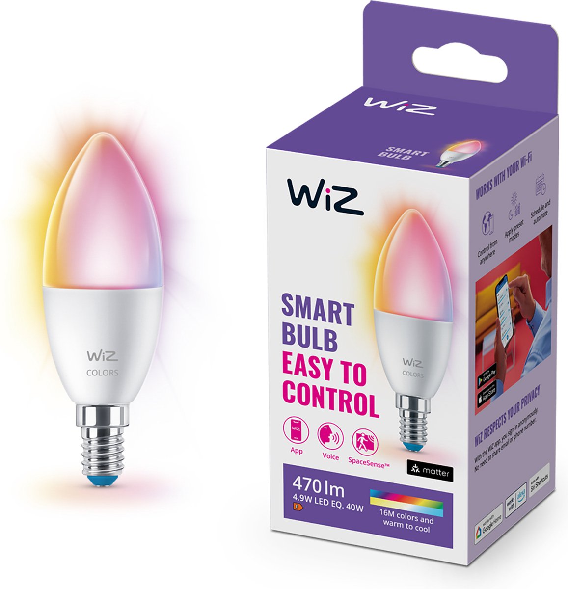 Wiz stearinlyslampe - farvet og hvidt lys - smart LED-belysning - E14 armatur - 40w - mat - wi-fi