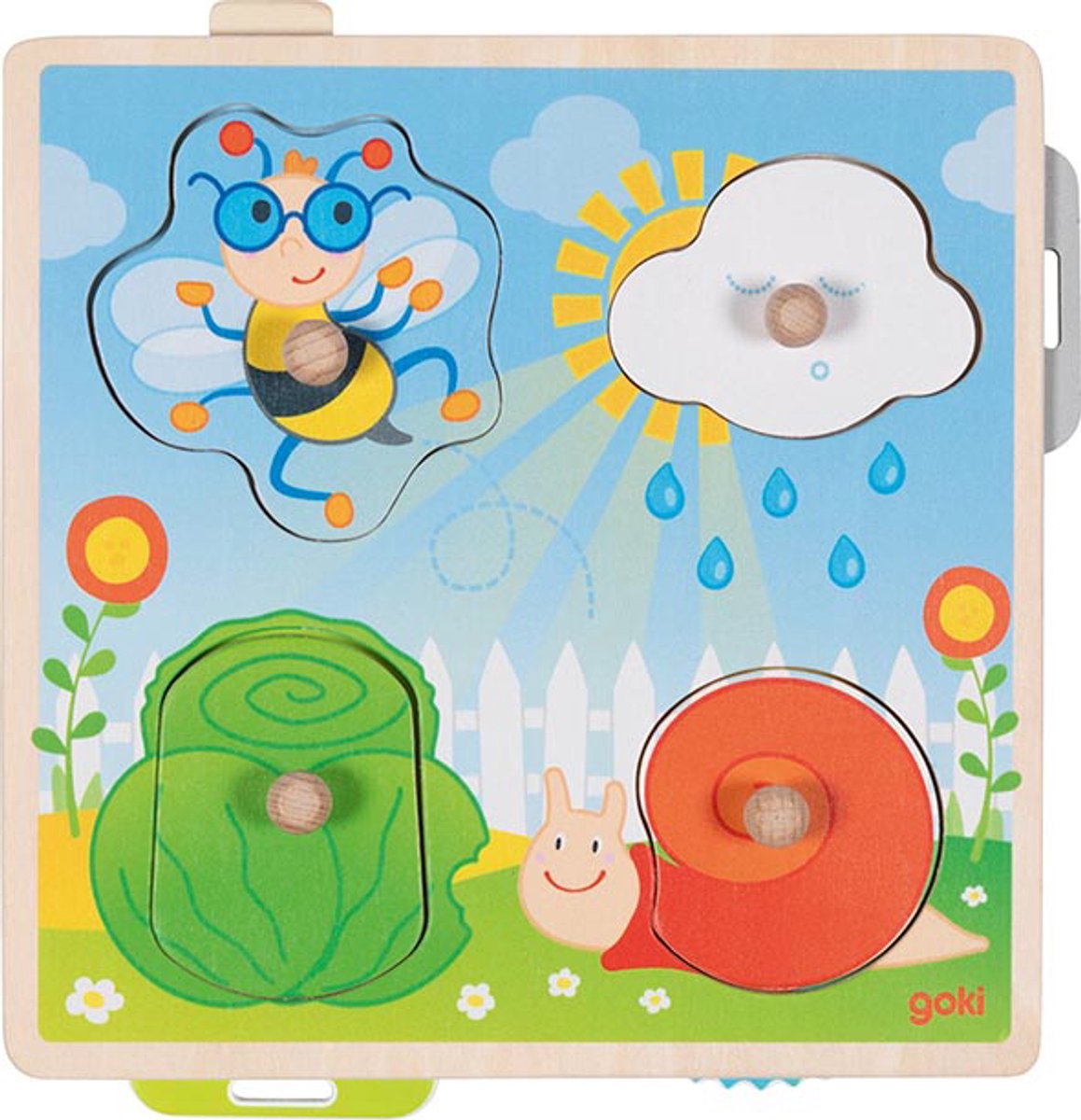 Goki-puslespil: i haven 21,8x22,5x2,8cm, 4-delt, med baggrundsbilleder, træ, 1+