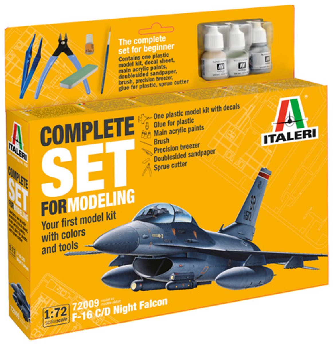 Italeri modelbouwpakket militaire voertuigen - 72009 f-16 c d night falcon - complete set - starter kit plastic - 1:72 - modelbouw