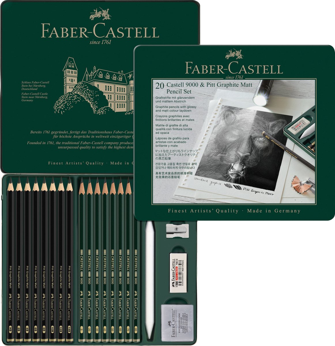 Faber-Castell grafitblyanter - pitt mat og 9000-serien i tin - inklusive tilbehør - fc-115224