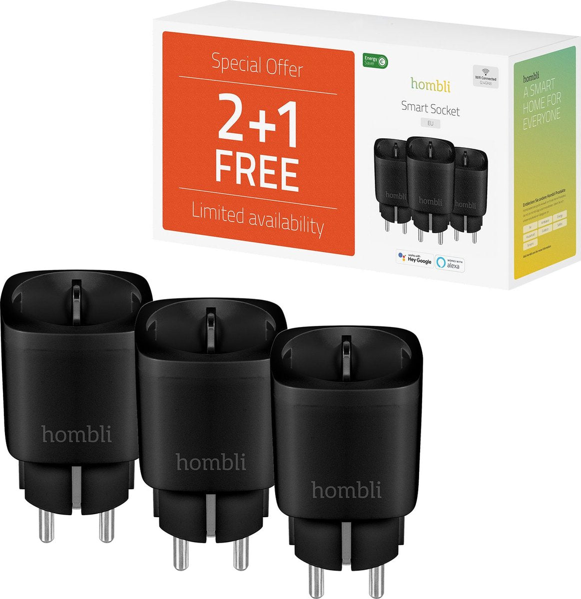 Hombli slimme stekker - smart plug met app bediening - wifi stopcontact - tijdschakelaar voor binnen - energiemeter - compitabel met amazon alexa en google home - 3 stuks - zwart