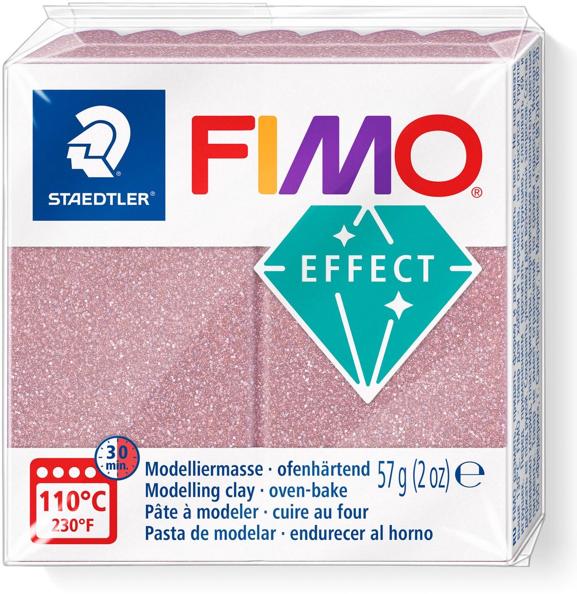 Fimo effekt ovnhærdende modellervoks standardblok 57 g - glitter rosa guld
