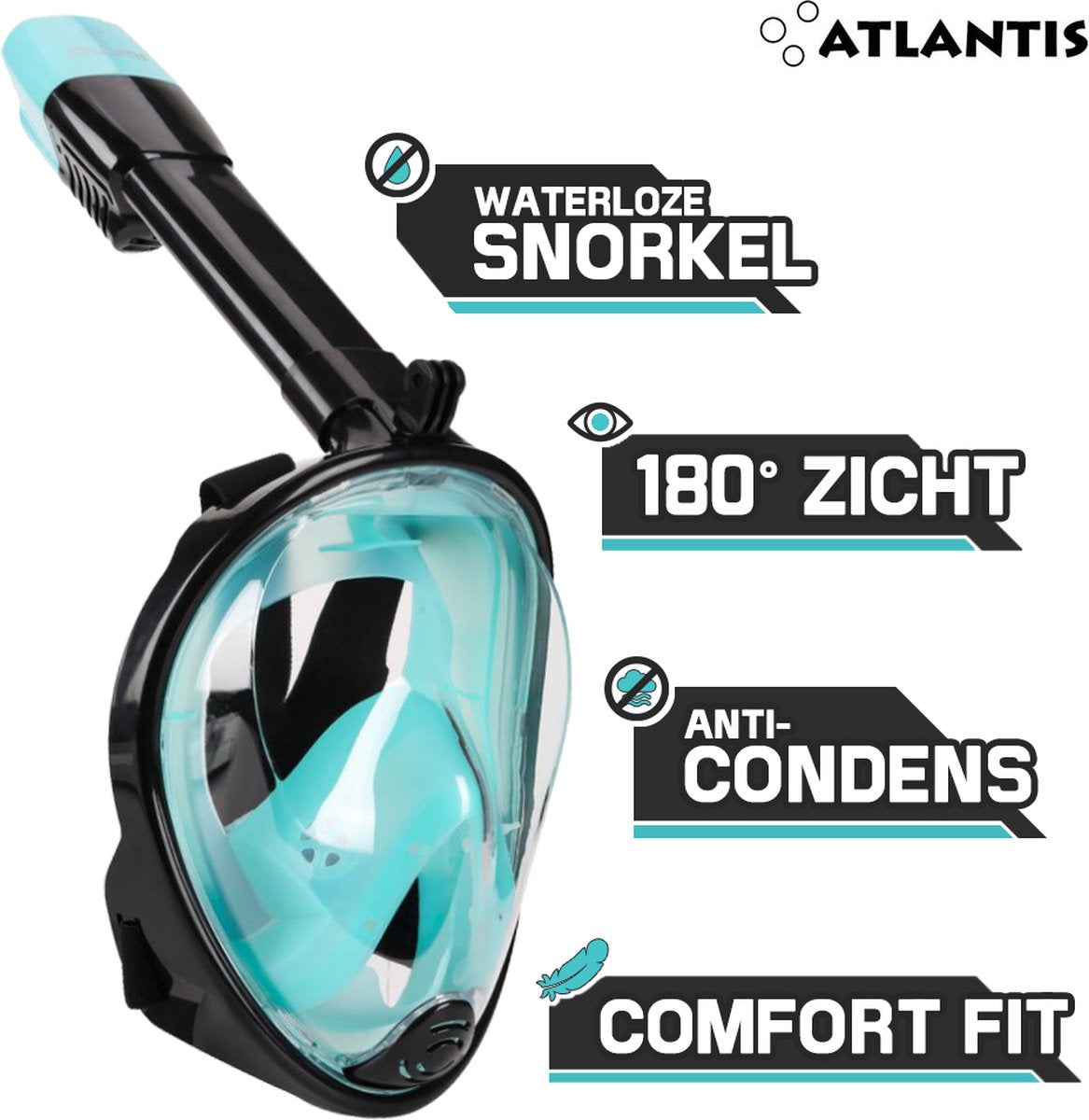 Atlantis snorkelmasker - duikbril - snorkel - snorkelset - full face masker - volwassenen - zwart turquoise - s m