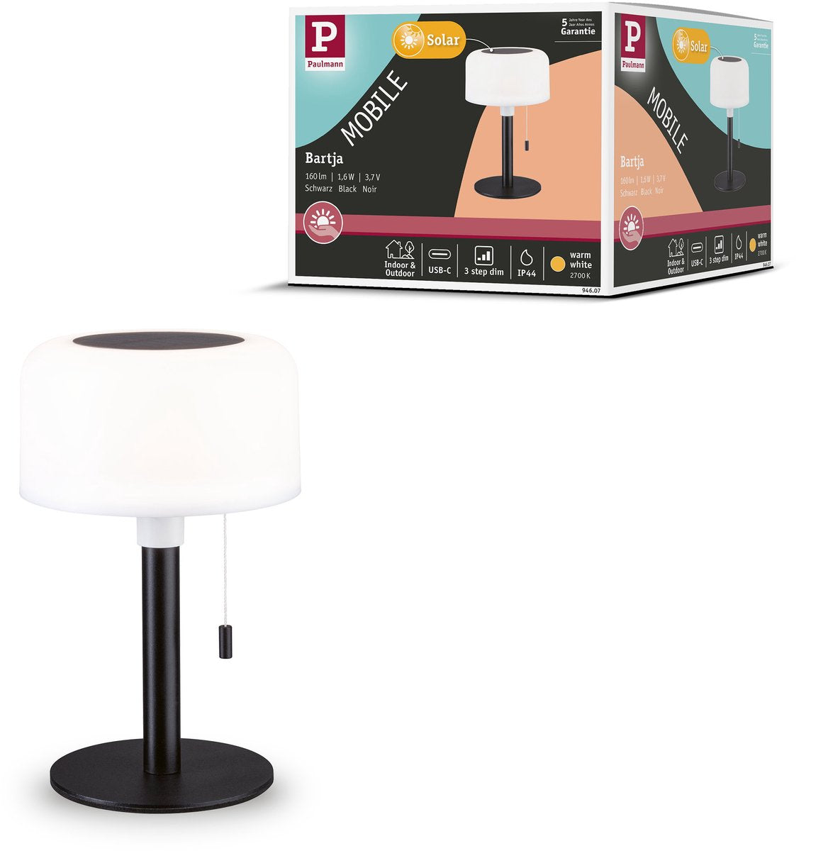 Paulmann solcelle batteri lampe bartja ip44 dæmpbar 2700k sort