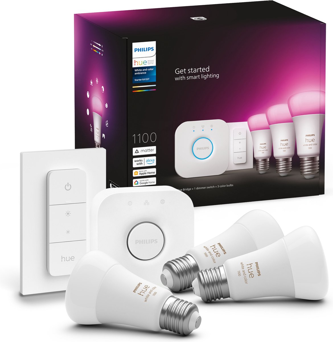 Philips hue startsæt - hvid og farvet - 3 lamper - e27 - 1100lm - 1 lysdæmper