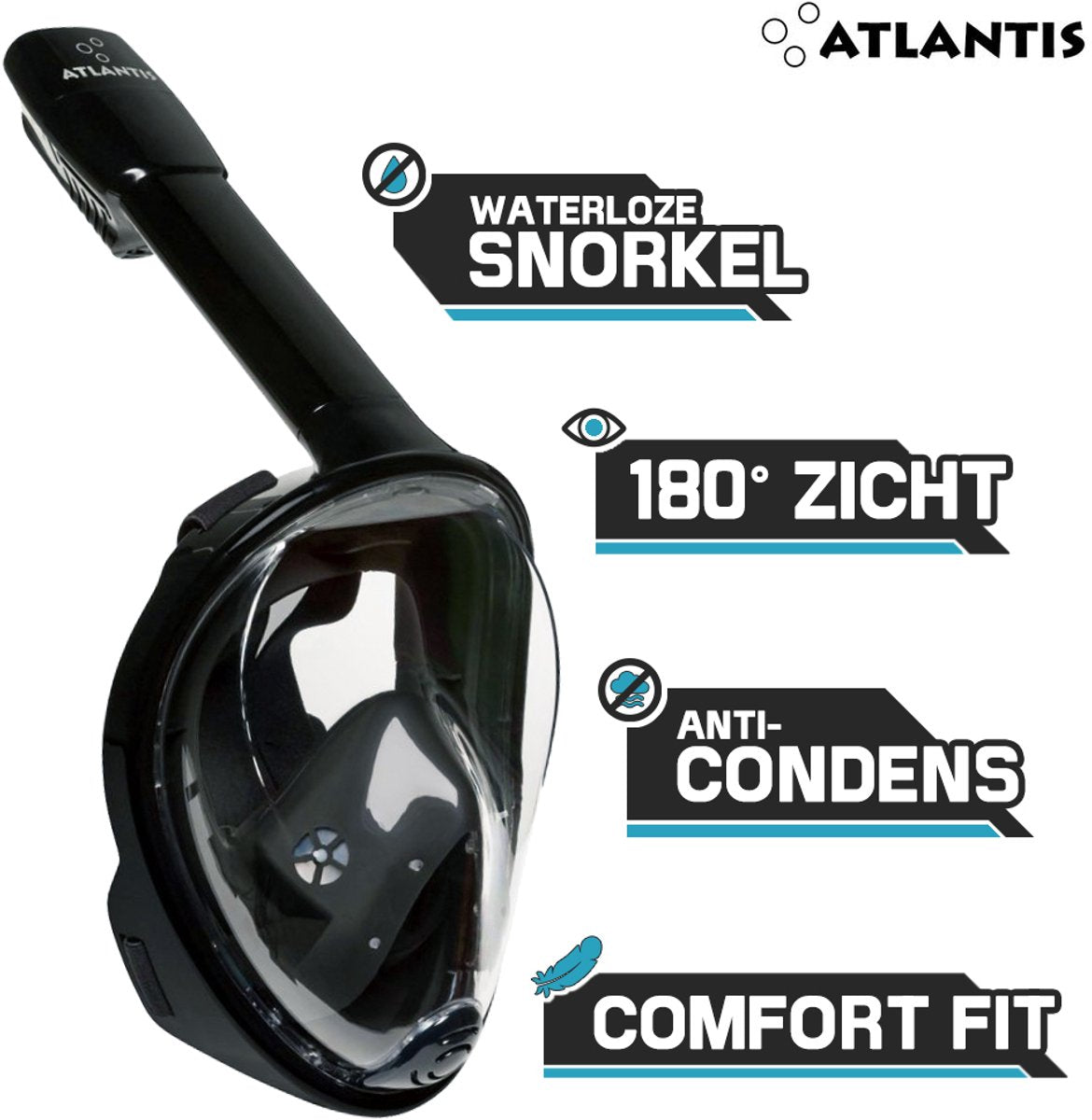 Atlantis snorkelmaske - dykkerbriller - snorkel - snorkelsæt - helmaske - voksne - sort - s m