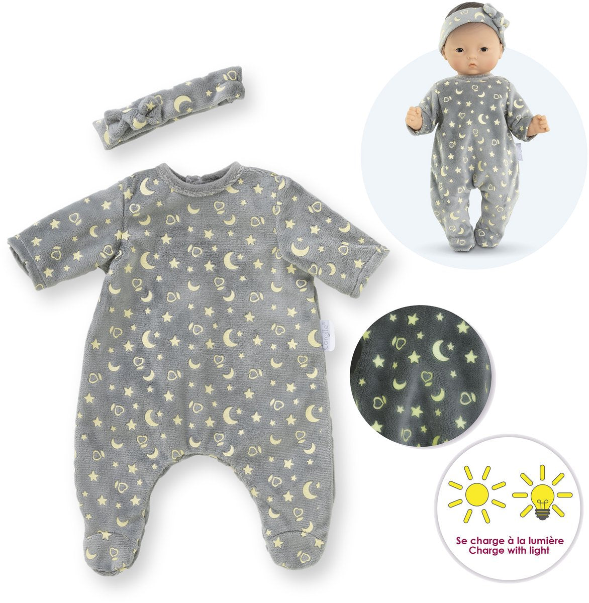 Corolle dukke pyjamas og pandebånd, 30cm - glød i mørket
