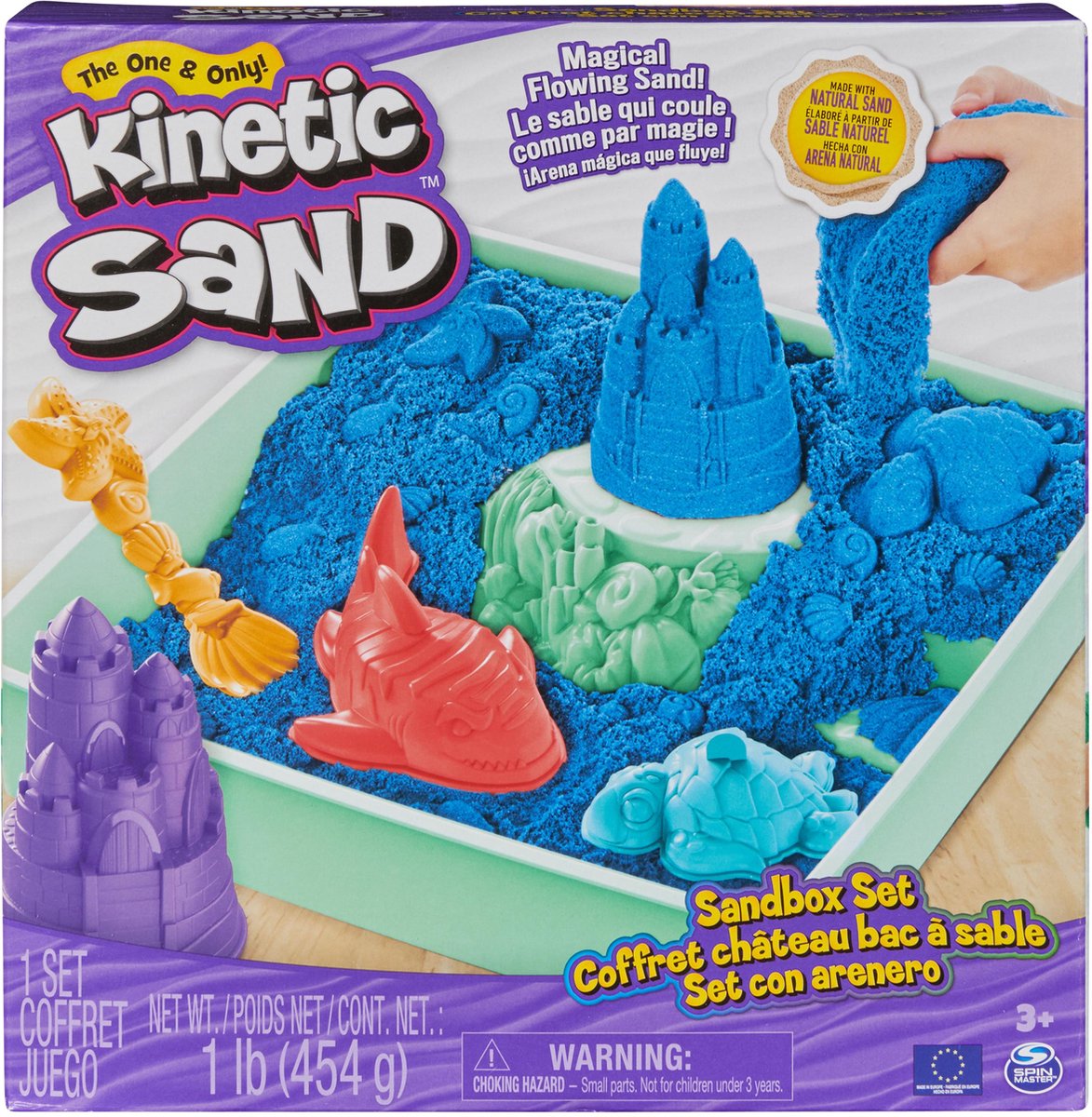 Kinetisk sand - sandkassesæt med 454 g blå original - opbevaringssandkasse 4 former og værktøjer - sanselegetøj