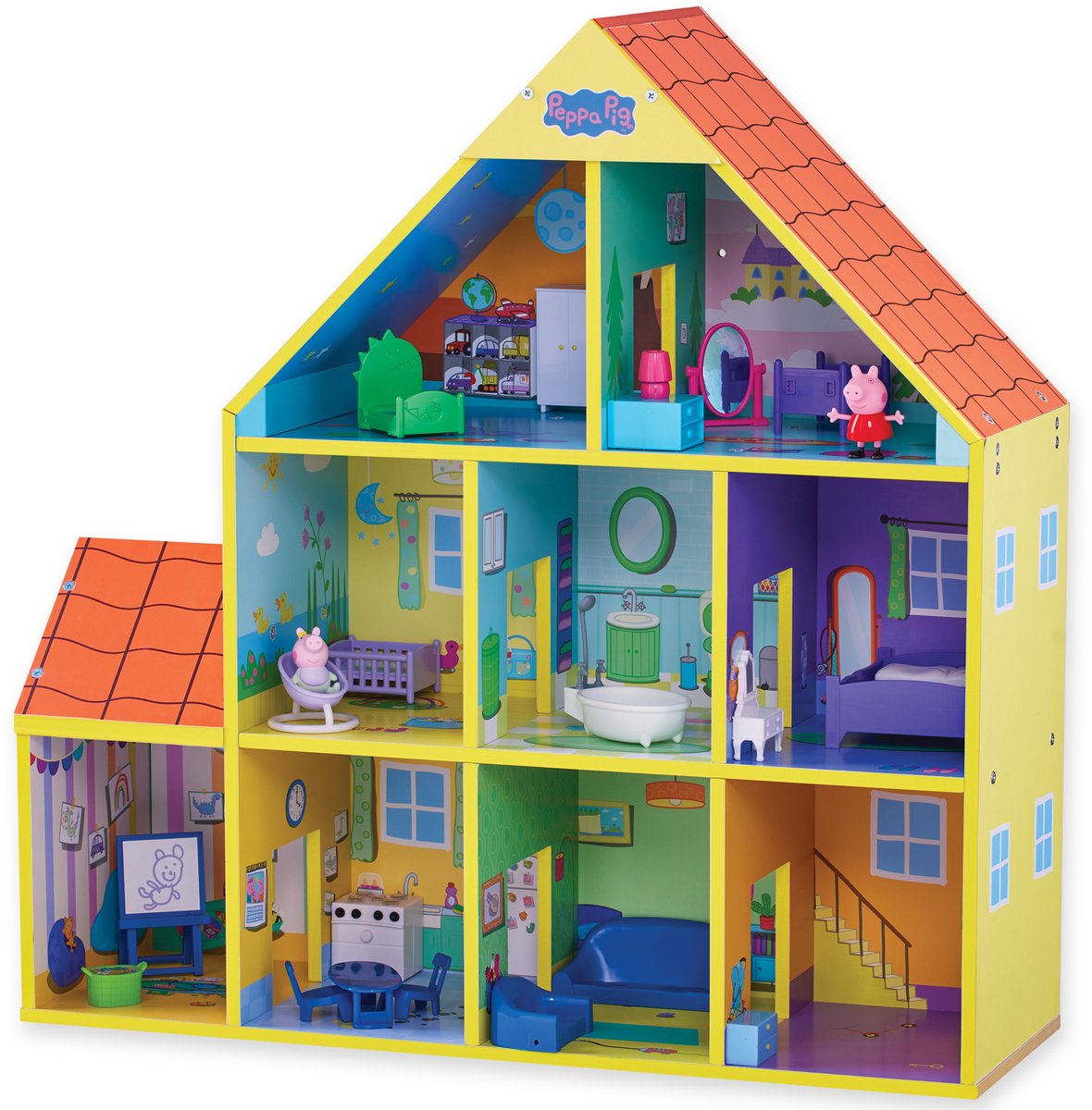 Gear2play peppa pig - stort legehus i træ - 65 cm - 9 rum og 18 tilbehør