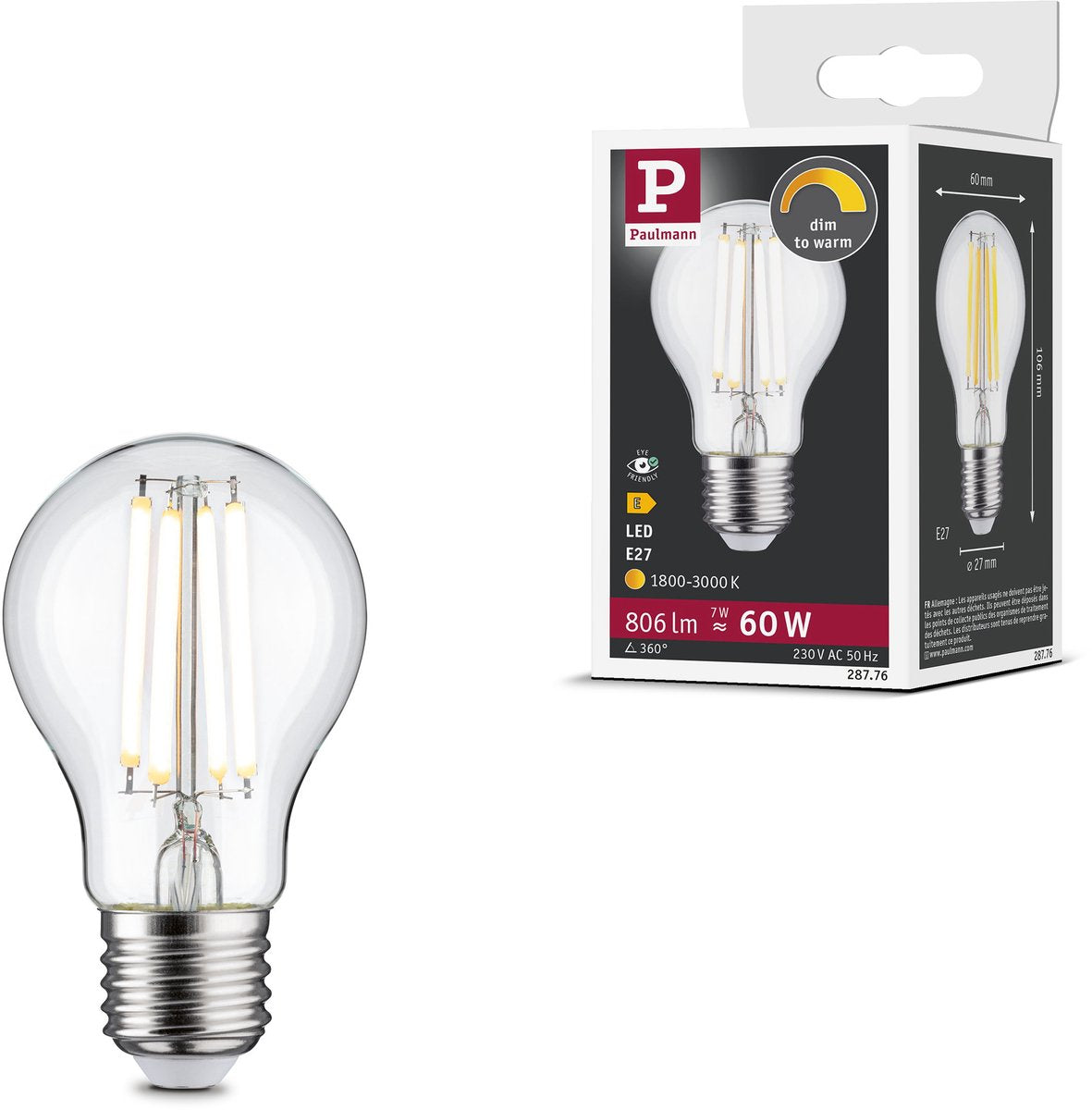 Paulmann glødetråd 230 v LED pære E27 806lm 7W dæmp til varm dæmpbar klar