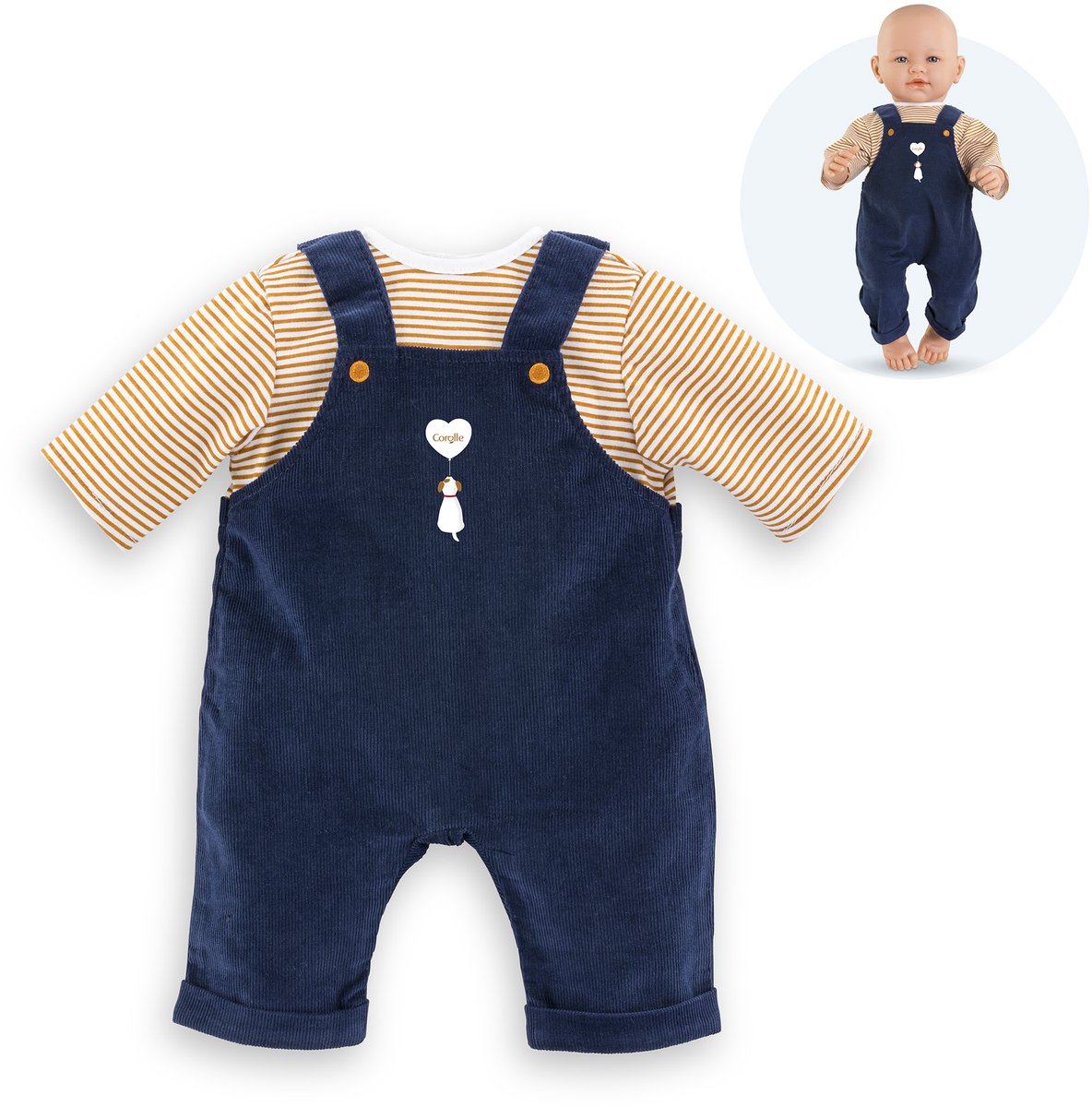 Corolle t-shirt og marineblå heldragt til babydukke, 42 cm