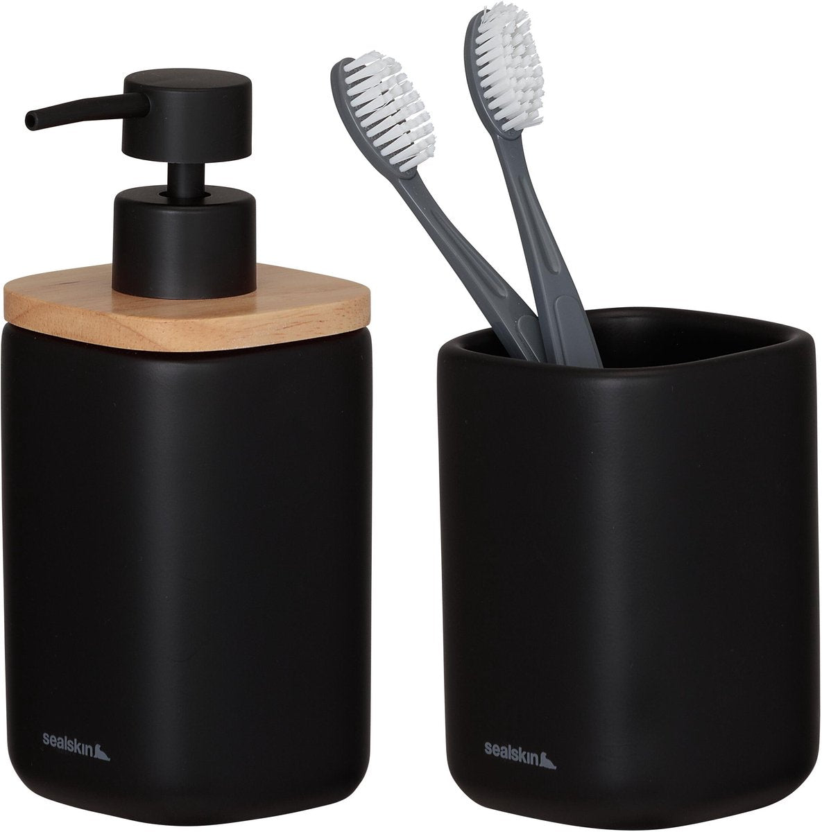 Sealskin mind badkamerset - zeepdispenser 200 ml - tandenborstelbeker - fsc - houtlook zwart