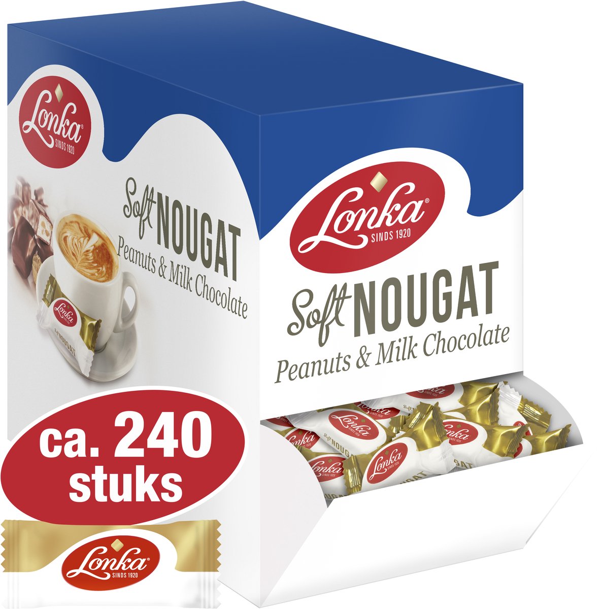 Lonka nougat mælkechokolade peanut - individuelt pakket - æske med 2,57 kg