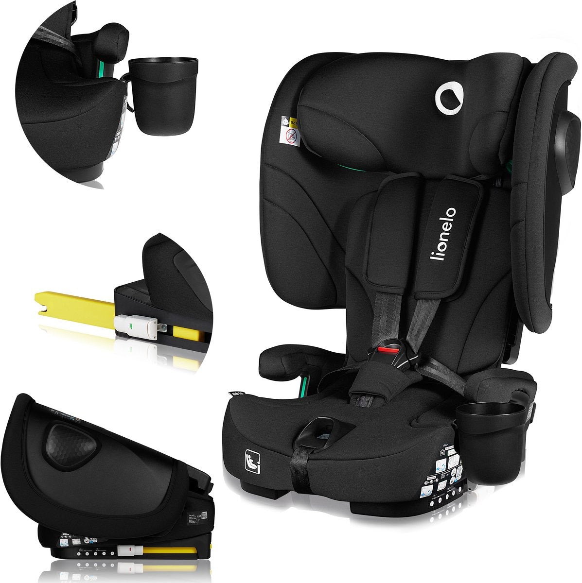Lionelo Nelly i-size autostol med isofix - 1,5 til 12 år (76-150 cm 9 - 36 kg gruppe 1 2 3) foldbar autostol - ekstra bred sidebeskyttelse - 5-punktssele - letvægts - toptether alarm - benstøtte - kopholder - til småbørn