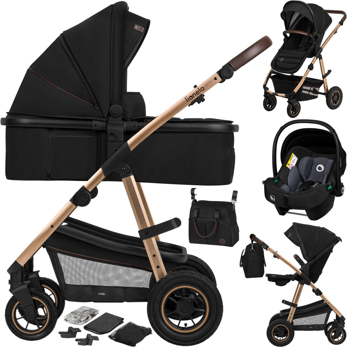Lionelo rav klapvogn 3 i 1 - rejseseng + buggy + autostol - pneumatiske dæk, fuld affjedring - komfortabel babymadras - hurtigt foldbar - pusletaske - regnslag - myggenet - fra fødslen til 4 år (0-22 kg)