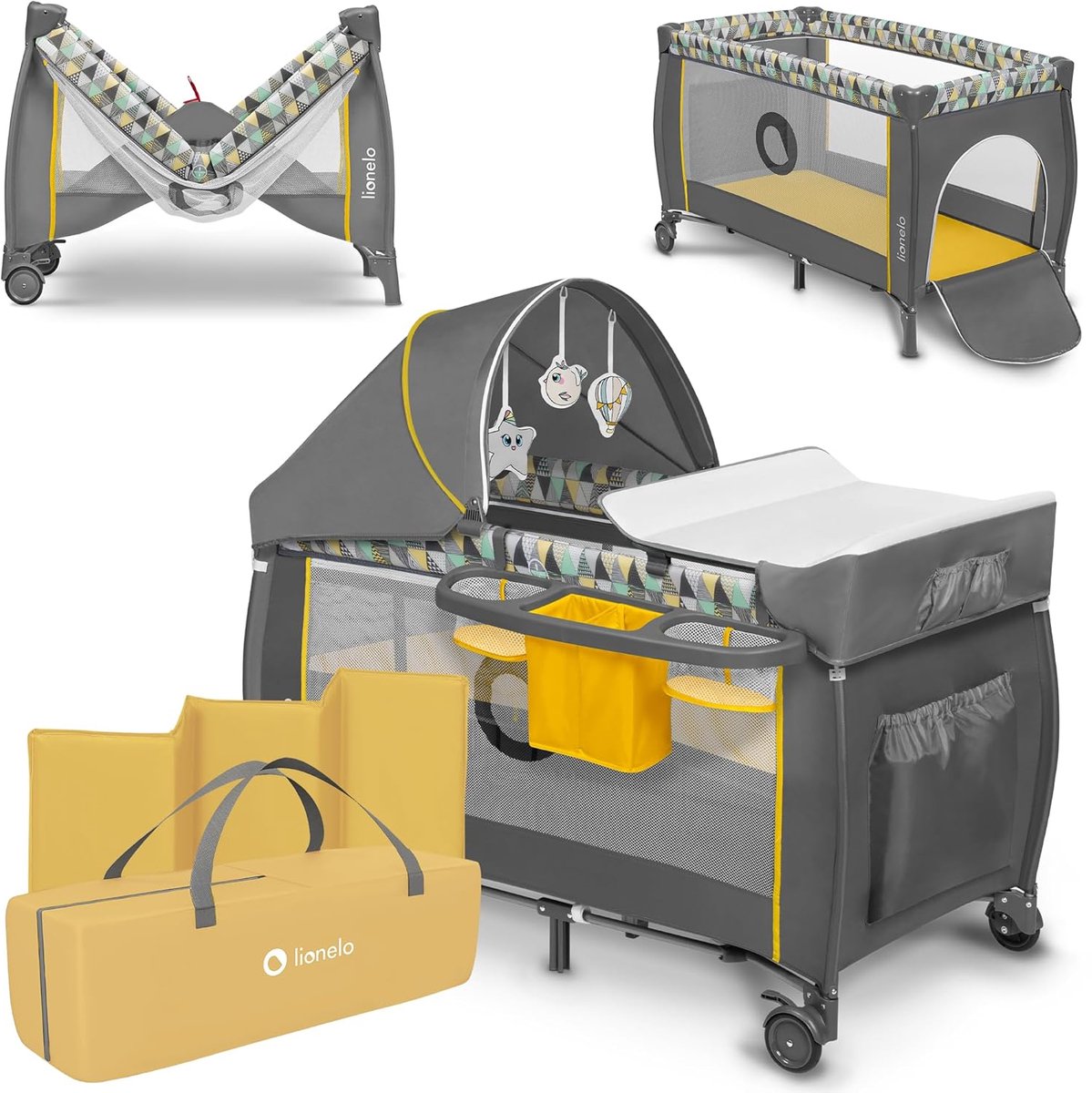 Lionelo sven plus 2i1 vokse-med campingseng - 127x60 cm - op til 15 kg - co-sleeper - rejseseng med puslebord, organisator, myggenet og interaktivt legetøj