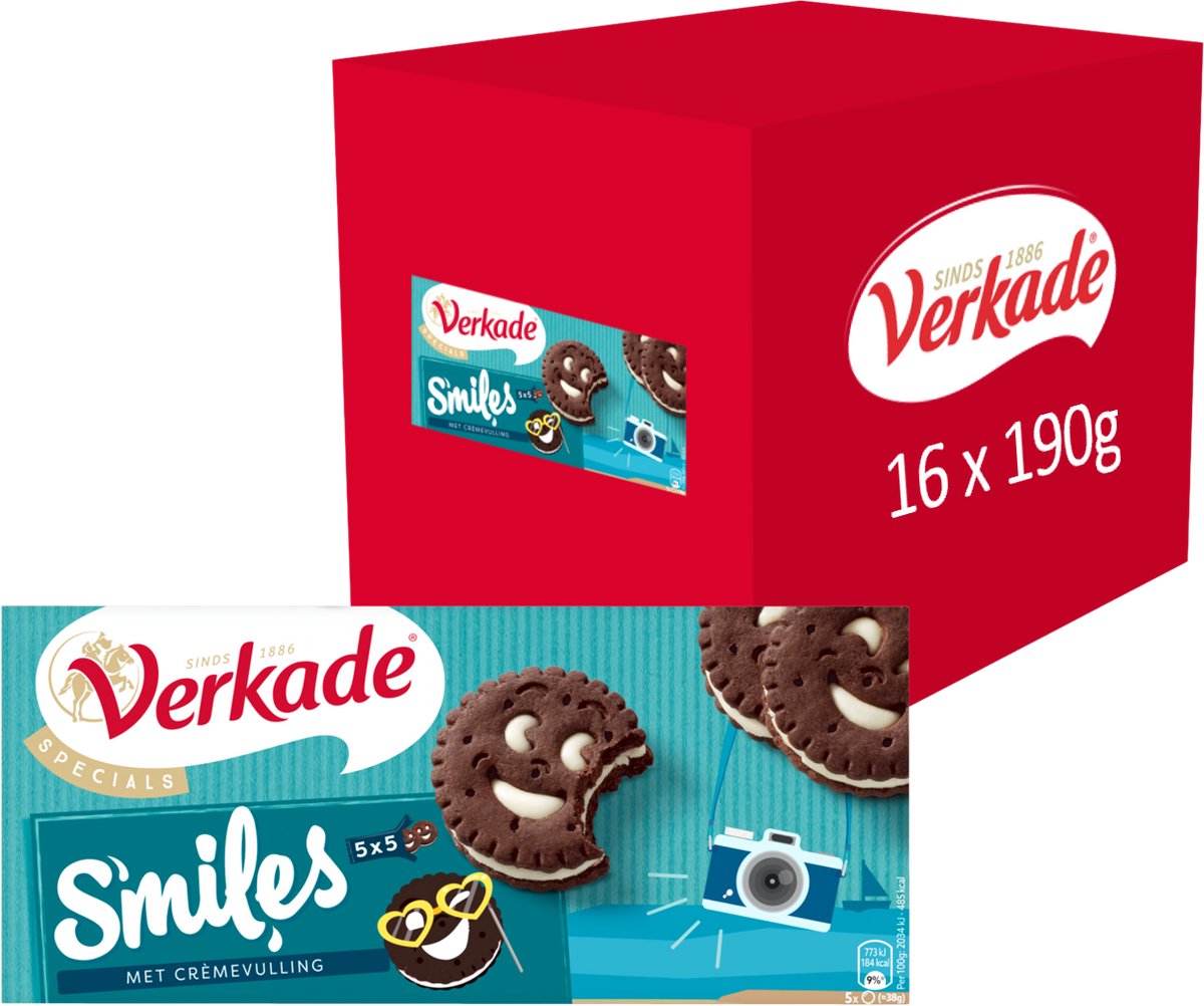 Verkade - småkage - smiles kakao cookies - 16 x 190 gram